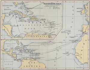Mapa que muestra los viajes de Cristóbal Colón, 1492-1504 de German School