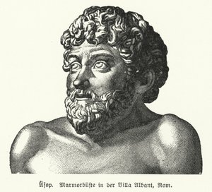 Busto de mármol de Esopo (c620-564 a.C.), fabulista griego antiguo (litografía) de German School