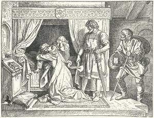 Margarita de Sicilia, hija del Emperador del Sacro Imperio Romano Germánico Federico II, dejando a sus hijos tras descubrir el adulterio de su esposo, Alberto el Degenerado, Margrave de Meissen de German School