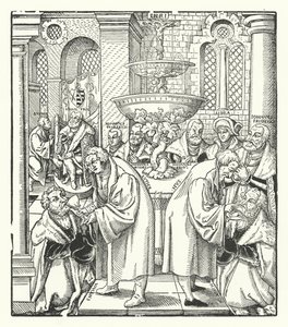 Martín Lutero y Jan Hus administrando la Sagrada Comunión a la familia real sajona de German School