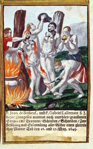 Martirio de Jean de Brébeuf y Gabriel Lalemant por los Iroqueses, en Nueva Francia 1649, del Martirologio de los Jesuitas, 1688