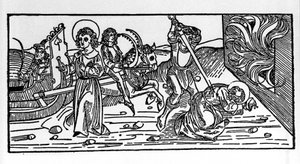 Martirio de San Policarpo de Esmirna (ca. 69-155), obispo. Grabado del “Leben der Heiligen - Sommerteil (libro de los santos)” de Jacobo de Vorágine