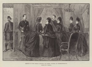 Encuentro de la emperatriz alemana y la reina Victoria en Charlottenburg (grabado) de German School