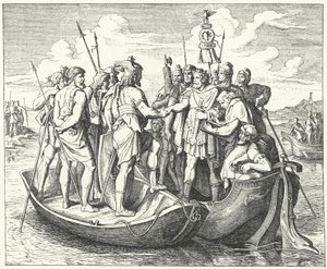 Encuentro del emperador romano Valente y el rey visigodo Atanarico en el Danubio, 369 (grabado) de German School
