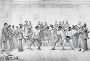 Mensuren o Miembros Estudiantiles de la Sociedad de Duelo en Dresde con su Uniforme Azul, Blanco y Negro