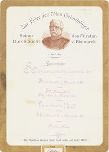 Menú en la celebración del 79º cumpleaños del Príncipe von Bismarck el 1 de abril de 1894 de German School