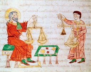 Comerciantes usando balanzas para pesar y negociar. Miniatura tomada del manuscrito De Universo o De rerum naturis (De la naturaleza de las cosas) de Rabanus Maurus Magnentius (ca. 780-856) de German School