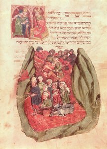 Moisés guía a los Hijos de Israel a través del Mar Rojo de un Libro de Oraciones Judío, Hamburgo, 1427 (manuscrito)