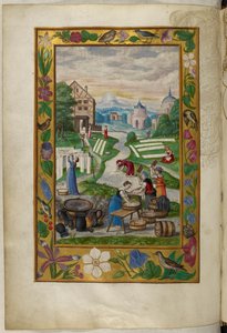 Ms Harley 3469, f.32v Mujeres lavando ropa, el Quinto Tratado, de 
