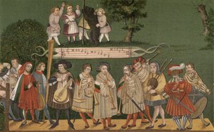 Músicos de Augsburgo, Alemania, tocando para bailarines del Geschlechtertanz, 1520 de German School