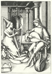 Músicos tocando el laúd y el arpa en una casa de campo en el siglo XV (grabado) de German School