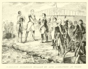 Napoleón, Federico Guillermo III y Alejandro en Tilsit de German School