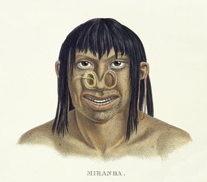 Hombre nativo de la tribu Miranha, con decoración nasal, del Atlas de un viaje en Brasil de Johann Baptist von Spix (1781-1826) y Karl Friedrich Philipp Martius (1794-1868), publicado c.1835-50 de German School