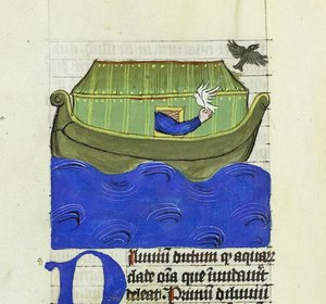 Noé liberando la paloma y el cuervo, De Rerum Naturis - Rabanus Maurus, c.1425 (gouache sobre vitela) de German School