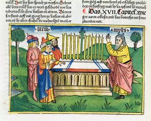 Números 17:1-11 La vara de Aarón florece en el altar, de la Biblia de Núremberg (Biblia Sacra Germanaica) de German School