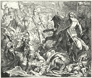Otón I de Alemania derrotando a los magiares en la Batalla de Lechfeld, 955 de German School