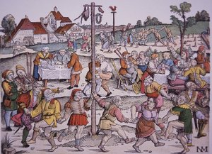 Campesinos bailando (grabado coloreado a mano) de German School