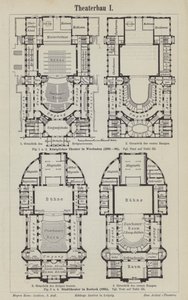 Planos del Teatro Real, Wiesbaden y el Teatro Municipal, Rostock, Alemania (grabado) de German School
