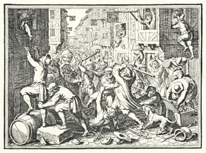 Saqueo del Judengasse, el gueto judío de Frankfurt, en el Levantamiento de Fettmilch, 1614 de German School