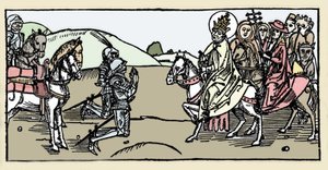 El Papa León I se encuentra con Atila y el Arrete - Invasiones bárbaras - Grabado de 