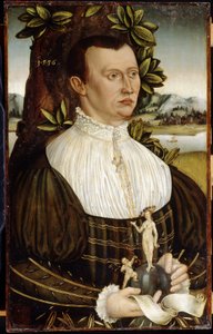 Retrato de un hombre (Retrato de un hombre). Ataviado con un elegante traje, sostiene en sus manos una cinta blanca y un globo terráqueo sobre el que un ángel dispara una flecha hacia una mujer desnuda, adornada con un collar y un sombrero calado. Pintura  de German School
