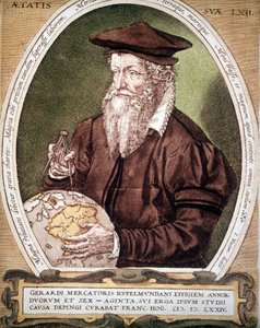 Retrato de Gerhard Kremer llamado Gerardus Mercator (1512-1594). Falso título de la primera edición del Atlas de German School
