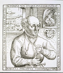 Retrato de Theothrastus Paracelsus (1493-1541), copia de una ilustración de su libro Astronomica et Astrologica Pouscula, Colonia 1567, usado en una Historia de la Magia, publicado a finales del siglo XIX de German School