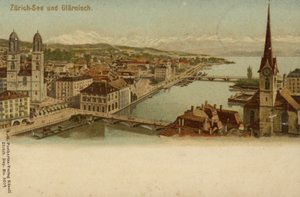 Postal que muestra una vista general de la ciudad de Zúrich de German School