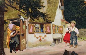Postal que representa a la bruja invitando a Hansel y Gretel a entrar en la casa de jengibre, c.1910 de German School