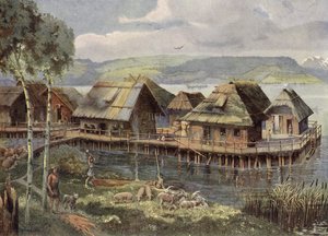 Poblado lacustre prehistórico europeo (litografía en color) de German School