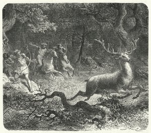 Hombres prehistóricos usando caballos para cazar (grabado) de German School