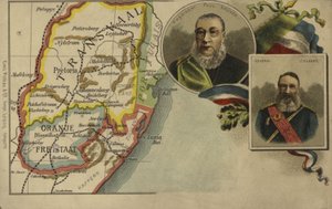 Presidente Paul Kruger, General Piet Joubert y un mapa del Transvaal y el Estado Libre de Orange