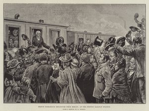 Salida del príncipe Bismarck de Berlín, en la estación de tren de Stettin (grabado) de German School