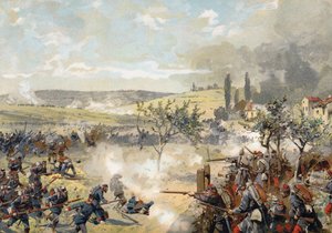 Landwehr prusiana en acción en la Batalla de Noisseville, Guerra Franco-Prusiana, 31 de agosto de 1870 de German School
