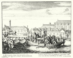 La Reina María, consorte del Rey Jacobo II, huyendo de Inglaterra con el Príncipe de Gales y toda su corte, diciembre de 1688 de German School