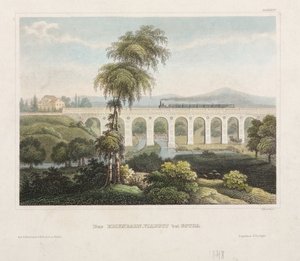 Viaducto ferroviario en Gotha, grabado por B. Metzeroth, 1848 de German School