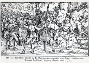 Campesinos rebeldes rodeando a un caballero, de una ilustración de Trostspiegel de Petrarca, 1539 de German School