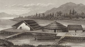 Reconstrucción de un antiguo pueblo lacustre. Ilustración para Bilder-Atlas