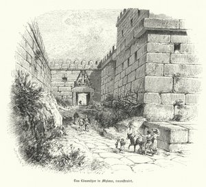Reconstrucción de la Puerta de los Leones, entrada a la ciudadela de Micenas, Grecia de German School