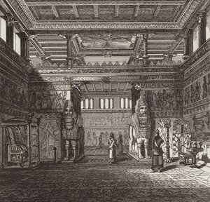 Reconstrucción del salón de un rey asirio. Ilustración para Bilder-Atlas de German School