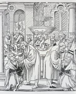 Reformadores Martín Lutero y Jan Hus administrando la Comunión de German School