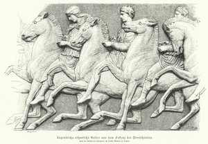 Relieve del friso del Partenón que representa a jóvenes atenienses montando caballos de German School