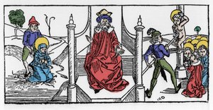 Representación del martirio de Santa Sinforosa y sus siete hijos, bajo el reinado del emperador Adriano. Grabado de Leben der Heiligen - sommerteil por Jacobus de Voragine de German School