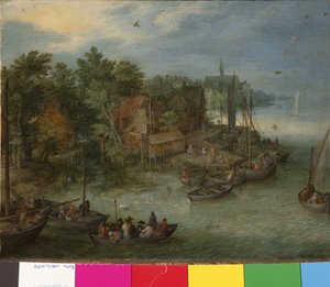 Paisaje fluvial con desembarco, 1603 de German School