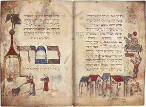 Sacrificio del cordero pascual y pasaje de Rabí Akiva, Éxodo 12, versículo 22, Hagadá (vitela) de German School