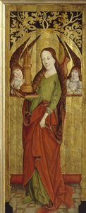 Sainte Barbe o Barbe la Gran Mártir (siglo III). (Santa Bárbara). Llevando sobre una meseta una torre con tres ventanas. Pintura de un maestro de Westfalia (activo entre 1470 y 1480), óleo sobre madera, hacia 1470-1480. arte alemán de German School