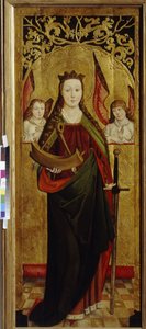 Santa Catalina de Alejandría (hacia 290-307) (Santa Catalina). Portando un trozo de la rueda de tortura de su martirio. Pintura de un maestro de Westfalia (activo entre 1470 y 1480), óleo sobre madera, hacia 1470-1480. arte alemán de German School