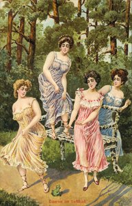 Mujeres con poca ropa en el bosque (litografía en color)