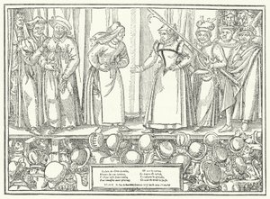 Escena de una obra en un teatro medieval tardío