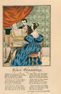 Escena que muestra a una pareja en el piano, con un poema de amor escrito debajo, de Neuruppiner Bilderbogen, 1850 de German School